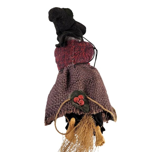 Vintage Witch Doll 9" Handmade Fabric & Resin Broomstick Hanging Decor Halloween - Picture 5 of 16